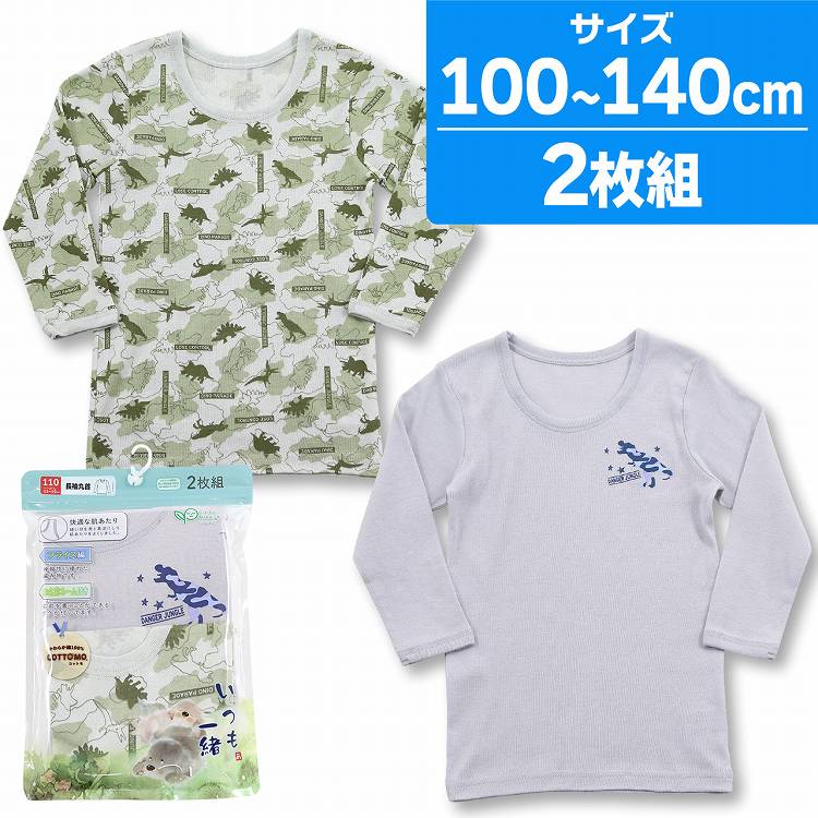 肌着 男児 長袖 インナー 丸首 子供 綿100％ 総柄 ワンポイント 恐竜 COTTOMO コットモ 2枚組 キッズ 男の子 下着(綿100 男児肌着 コットン 100 110 120 130 140 フライス素材 ボーイズ 長袖シャツ 保育園 子供下着 こども 男子 セット 長袖インナー 入園セット)のサムネイル