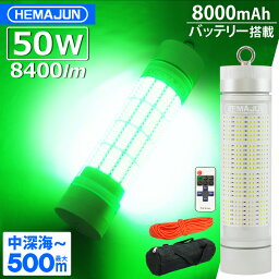 HEMAJUN(ヘマジュン) 集魚灯 充電式 8400ルーメン 50w グリーン LEDライト 大容量 8000mAh 内蔵 リモコン ワイヤレス操作 20段階輝度調整 防水等級IP68 専用収納ポーチ・ロープなど付属 HJ-FL04-50W 仕掛け LED 水中集魚灯 緑 LED集魚灯 集魚ライト