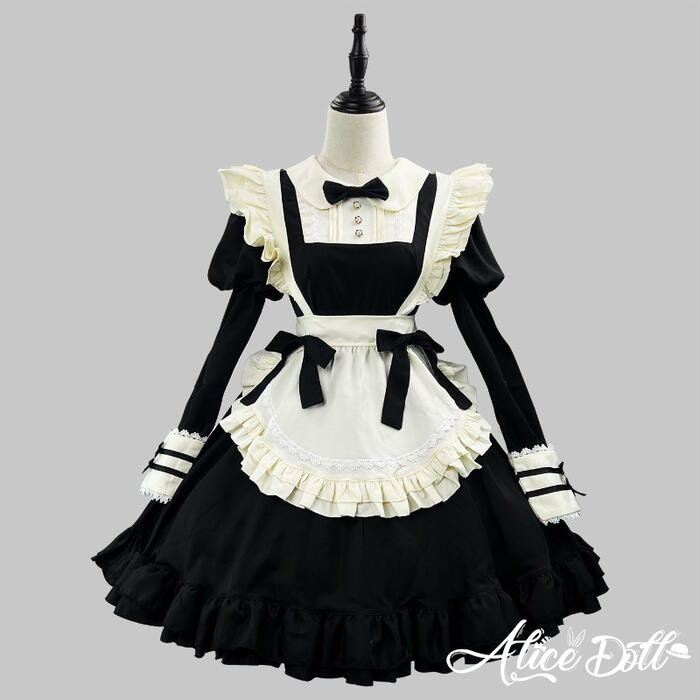 ～商品説明～ 上品でクラシカルな雰囲気漂うメイド服です♪ フリルたっぷりのデザインに、胸元のリボンとボタンが洗練された印象を与えます。 2WAY仕様の付け袖が特徴で、半袖または長袖としてお楽しみいただけます☆ エプロンのリボンは取り外し可能で、お好みに合わせたアレンジが楽しめます。 セット内容：ワンピース＋エプロン+付け袖×2+リボン×3＋カチューシャ ※他の商品は含まれておりません。 ■お届けについて お支払い後、10日程でお届け ◆商品名：コスプレ メイド服 メイド ゆめかわいい ワンピース エプロン カチューシャ ◆カラー：ブラック×アイボリー ◆サイズ： S、M、L、XL、2XL、3XL、4XL、5XL サイズ バスト ウエスト 着丈 S 84 72 83 M 88 75 84.5 L 92 78 86 XL 97 87 89 2XL 102 95 92 3XL 108 100 93 4XL 119 109 96 5XL 123 114 97 単位：cm 平置き採寸のため、多少の誤差（1～3cm)はご了承ください。 ◆素材：ポリエステル ◆商品番号：A070108 関連キーワード ロリータ ゴスロリ ゴシック ロリィタ フェミニン 華ロリ 甘ロリ ゴシックロリータ 可愛い 小悪魔 ゆめかわいい ワンピース トップス ドレス ロング 半袖 七分丈 長袖 オフショルダー レース フリル コスプレ コスチューム 学園祭 舞台 イベント ハロウィン ハロウィーン パフスリーブ レディース 女の子 ロリータファッション ロリータ服クラシカル メイド服 メイド ワンピース エプロン カチューシャ 付け袖 長袖 半袖 2way ミニ丈 クラシック ゴスロリ ミニスカ ドレス ロリータ Lolita ロリィタ 甘ロリ メイドカフェ 制服 清楚 エレガント レディース かわいい 衣装 女の子 メイド喫茶 飲食店 コスプレ コスチューム パーティー イベント