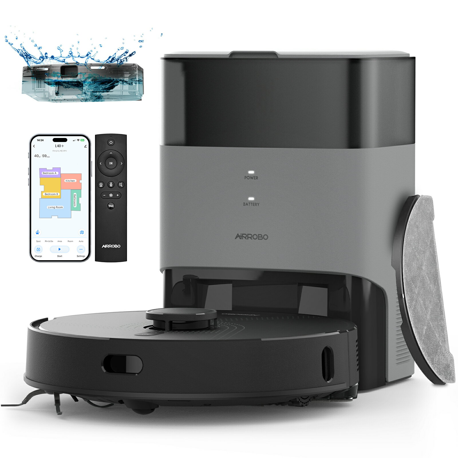 AIRROBO L40+ ロボット掃除機 水拭き お掃除ロボット 自動掃除機 ロボットクリーナー マッピング Alexa Google アシスタント対応 自動ゴミ収集 強力吸引 2600Pa 180分連続稼働 進入禁止エリア 静音 2.4Ghz Wi-Fi 対応