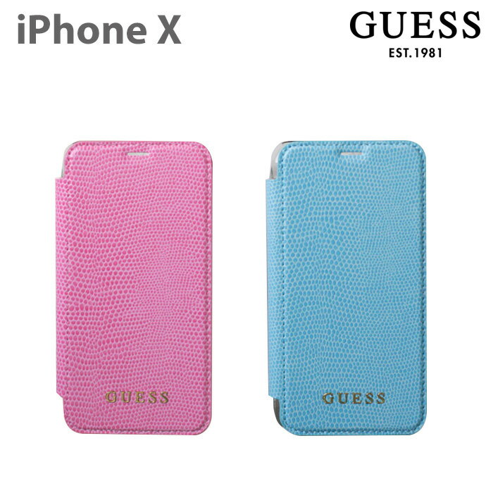 iPhoneXS ケース GUESS iPhoneXケースキレイ色 パイソン 手帳型 ケース アイフォンXケース iPhoneXケース TPU 背面クリア ピンク 水色 上品 レディース ブランド ゴールドロゴ ブルー 送料無料