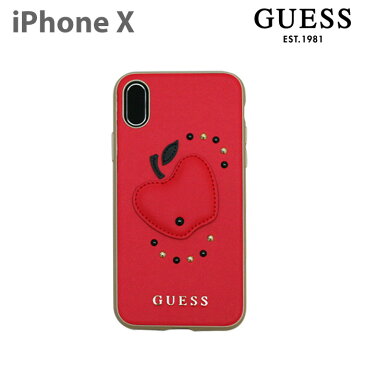 GUESS・公式ライセンス品 iPhoneXS iPhoneXケース リンゴ スタッズ　バックカバー【林檎 アイフォンXケース TPU PUレザー iPhoneXケース トレンド りんご 赤 レディース ブランド おしゃれ かわいい ゴールド 】送料無料