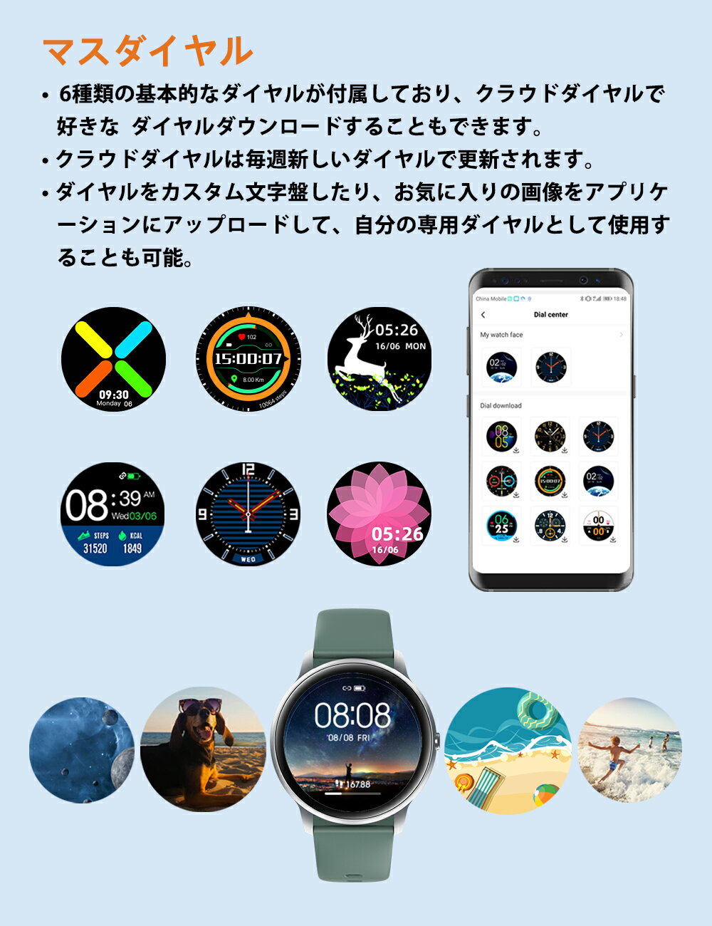 【期間限定10倍ポイント&300円クーポン】スマートウォッチ YAMAY 丸形 腕時計 活動量計 心拍数 カスタムダイヤル Line Twitter 電話通知 睡眠検知 消費カロリー 健康管理 画面の明るさ調節 スポーツモード ストップウォッチ 目覚まし プレゼント お歳暮 iphone Android対応