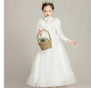 送料無料 子供ドレス 白 パフスリーブ ロングドレス レース プリンセスドレス 女児ドレス ホワイト 立ち襟 リボン フレア 可愛い 女の子ドレス ワンピース ...