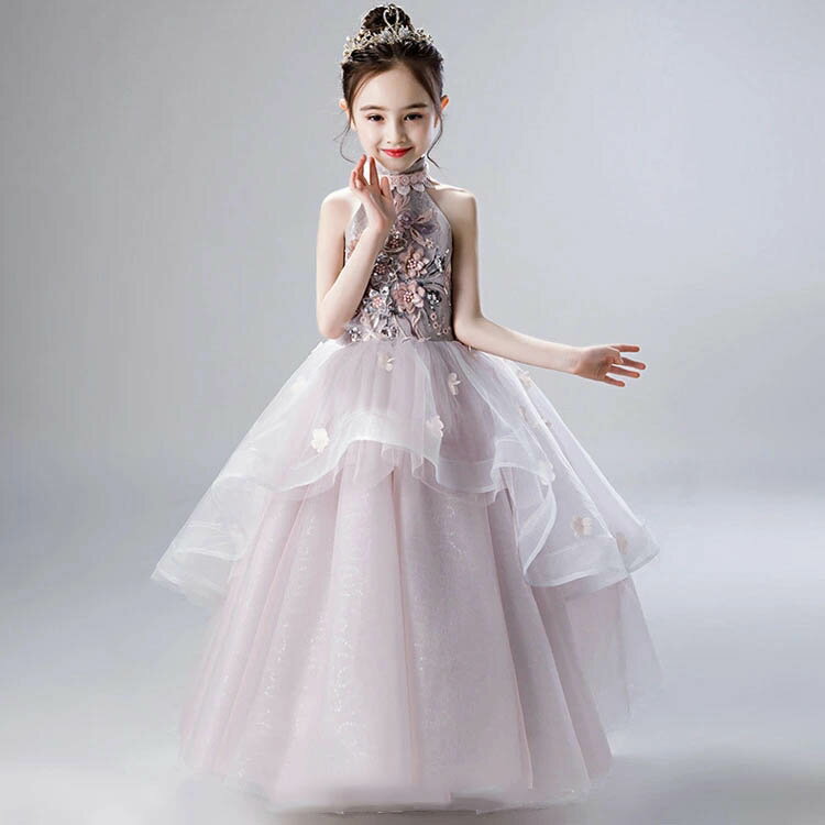 送料無料 ロングドレス 子供パープル ピアノ発表会ドレス 子供ドレス ホルターネック 女児ドレス 刺繍花柄 フラワー キレイめ 女の子ドレス 演奏会ドレス キッズドレス フォーマル 90 100 110 120 130 140 150 160