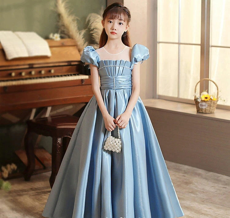送料無料 ロングドレス ブルー 子供ドレス ピアノ発表会ドレス サテン ドレス 女の子 150 160 演奏会ドレス 女児ドレス パール キッズドレス フォーマル 100 110 120 130 140 2