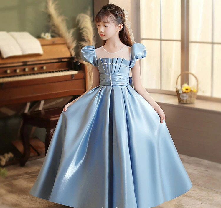 送料無料 ロングドレス ブルー 子供ドレス ピアノ発表会ドレス サテン ドレス 女の子 150 160 演奏会ドレス 女児ドレス パール キッズドレス フォーマル 100 110 120 130 140 3