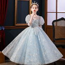 送料無料 ピアノ発表会ドレス 子供ドレス 水色 ロングドレス ブルー 花柄 スパンコール 素敵 キレイめ 女の子ドレス 女児ドレス フォーマル 演奏会ドレス キッズドレス パフスリーブ パール プリンセスドレス 110 120 130 140 150 160