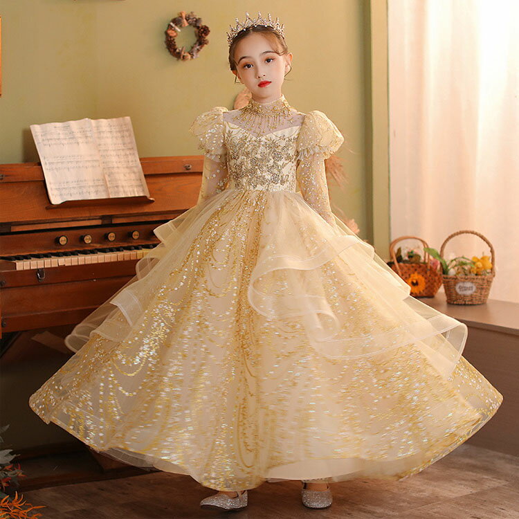 送料無料 子供ドレス ピアノ発表会ドレス シャンパンゴールド ロングドレス 演奏会ドレス 女児ドレス ハイネック ビーズ フリンジ 刺繡 素敵 キレイめ フォーマル キッズドレス 女の子 長袖 半袖 2タイプ 100~160cm 2