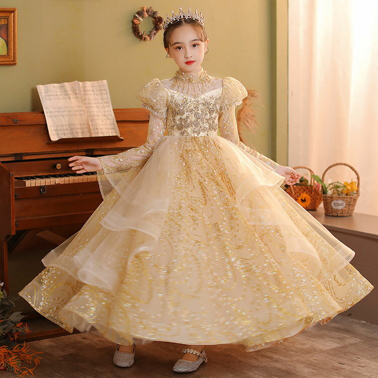 送料無料 子供ドレス ピアノ発表会ドレス シャンパンゴールド ロングドレス 演奏会ドレス 女児ドレス ハイネック ビーズ フリンジ 刺繡 素敵 キレイめ フォーマル キッズドレス 女の子 長袖 半袖 2タイプ 100~160cm 3