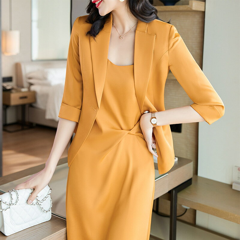 送料無料 全3色 スーツ レディース ワンピーススーツ オレンジ 夏 スーツ 2点セット グリーン ブルー セットアップ テーラードジャケット サマージャケッ...