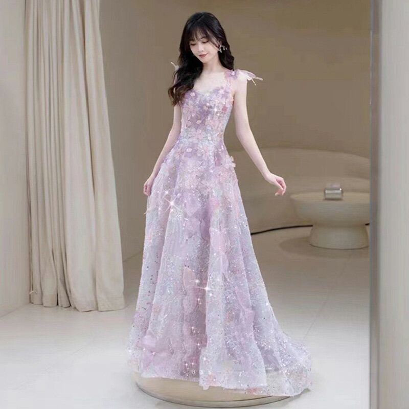 送料無料 結婚式ドレス 二次会ドレス パープル 花柄 キャミドレス ロングドレス ウェディングドレス 二次会 ドレス 紫色 姫系 お姫様 ロング イブニングドレス 発表会ドレス パーティードレス Aライン S M L XL XXL