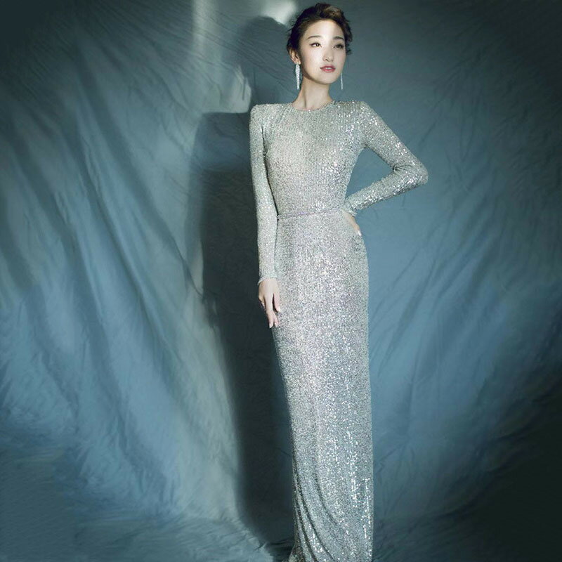 送料無料 マーメイドレスド イブニングドレス シルバー キラキラドレス スパンコール ロングドレス 発表会ドレス 銀色マーメイドライン タイトドレス パーティードレス 長袖 無地 S M L XL XXL