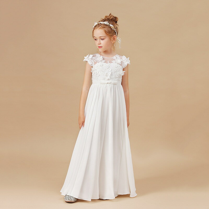 送料無料 子供ドレス ピアノ発表会ドレス ロング 白 ホワイト レース 花柄 可愛い 女児ドレス ロングドレス 演奏会ドレス シフォン 女の子ドレス 子どもドレス キッズドレス 七五三ドレス 100~160cm 3