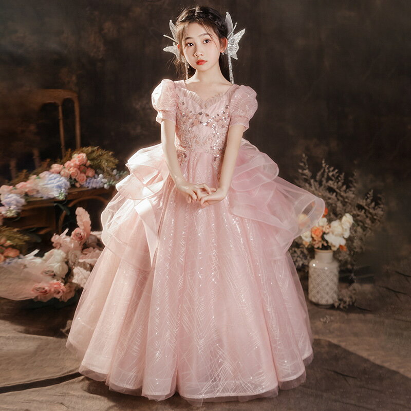 送料無料 子供ドレス ピアノ発表会ドレス ロングドレス ピンク スパンコール キラキラドレス 演奏会ドレス 女児ドレス ロングドレス フリル 可愛い 女の子ドレス 子どもドレス キッズドレス ピアノ発表会 110~160cm