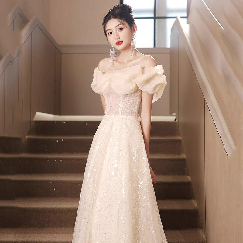 送料無料 イブニングドレス ロングドレス オフショルダー シャンパン色 スパンコール キラキラドレス 発表会ドレス オフショル ロング パーティードレス 結婚式ドレス 二次会ドレス Aライン S M L XL XXL