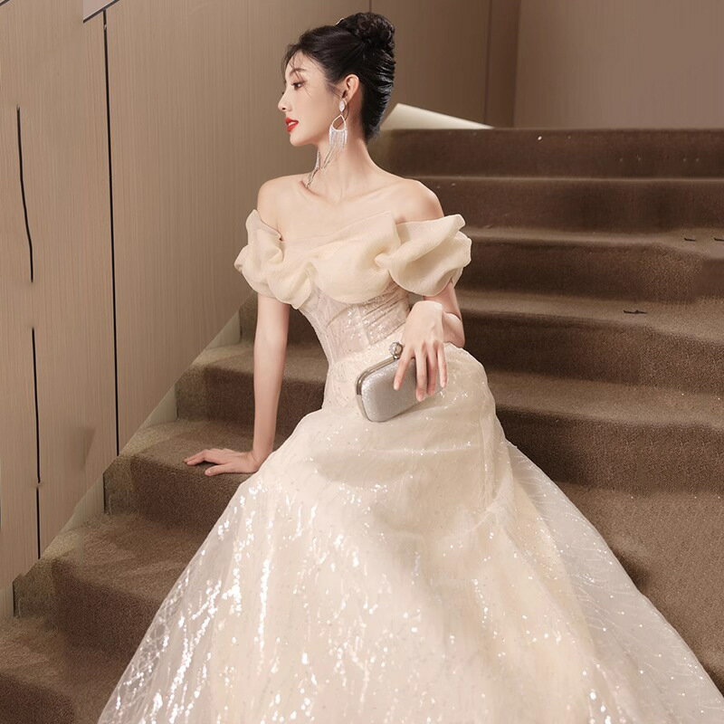 送料無料 イブニングドレス ロングドレス オフショルダー シャンパン色 スパンコール キラキラドレス 発表会ドレス オフショル ロング パーティードレス 結婚式ドレス 二次会ドレス Aライン S M L XL XXL