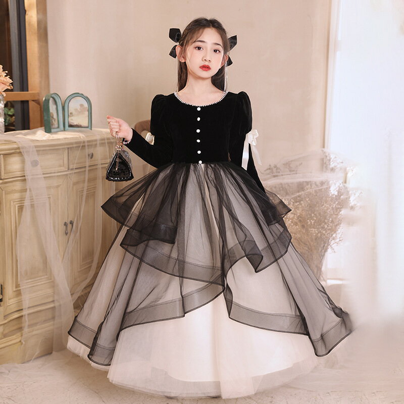 送料無料 子供ドレス ピアノ発表会ドレス ブラック ベロア ベルベット チュール ドレス リボン パール 可愛い ロングドレス 演奏会ドレス 女児ドレス 黒 七五三ドレス 女の子ドレス キッズドレス 演出服 100~160cm