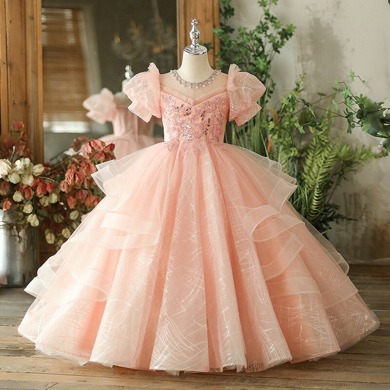 送料無料 ピアノ発表会ドレス 子供ドレス ピンク 刺繡花柄 スパンコール キラキラドレス 素敵 キレイめ ロングドレス 女児ドレス 演奏会ドレス 花柄 フレア フリル 可愛い 女の子ドレス キッズドレス 110~160cm