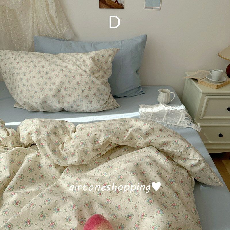 送料無料 全7色 布団カバーセット 花柄 ブルー 韓国風 可愛い 綿100% 寝具カバーセット 3点セット 4点..