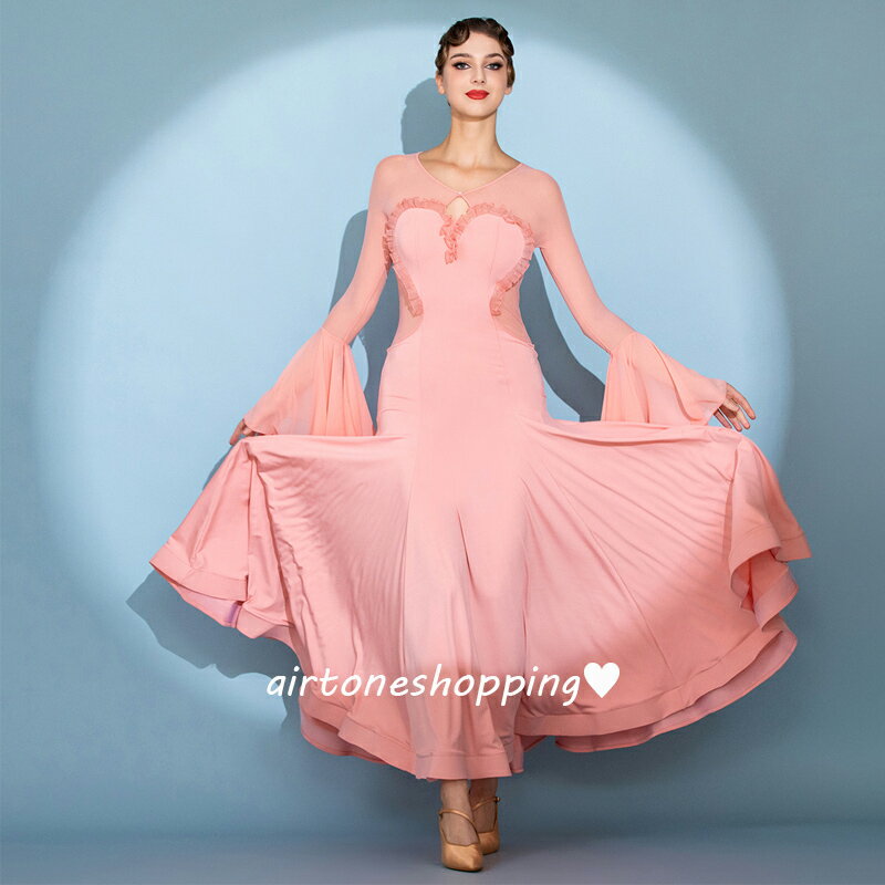 送料無料 社交ダンス衣装 モダンダンス 社交ダンスドレス ピンク イエロー フレア袖 可愛い モダンドレス ロングドレス シースルー セクシー ボールルーム衣装 スタンダード 競技用ドレス 演出服 競技着 ダンスウェア ワルツ S M L XL XXL