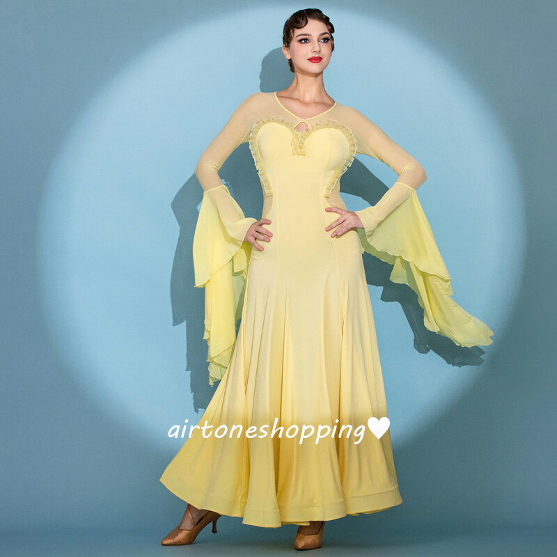 送料無料 社交ダンス衣装 モダンダンス 社交ダンスドレス ピンク イエロー フレア袖 可愛い モダンドレス ロングドレス シースルー セクシー ボールルーム衣装 スタンダード 競技用ドレス 演出服 競技着 ダンスウェア ワルツ S M L XL XXL