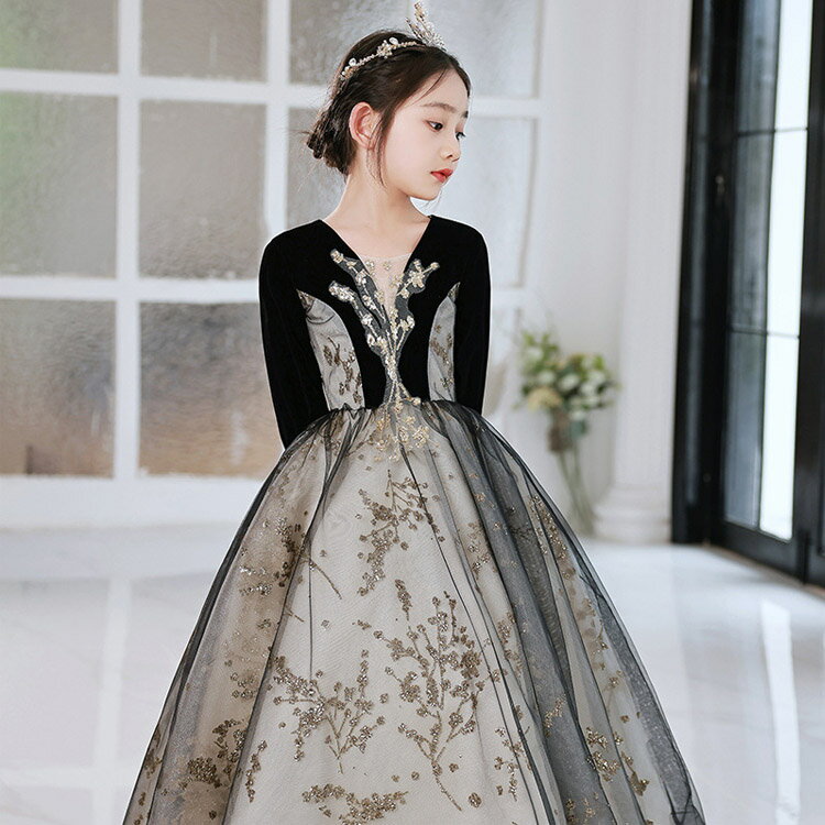 送料無料 子供ドレス ピアノ発表会ドレス 黒 ベロア ベルベット ロングドレス 演奏会ドレス 女児ドレス ブラック 長袖 ドッキング 配色 オシャレ キッズドレス 演出服 ステージドレス フォーマル 七五三ドレス 女の子 110~160cm 2