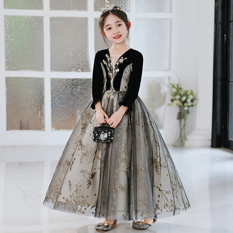 送料無料 子供ドレス ピアノ発表会ドレス 黒 ベロア ベルベット ロングドレス 演奏会ドレス 女児ドレス ブラック 長袖 ドッキング 配色 オシャレ キッズドレス 演出服 ステージドレス フォーマル 七五三ドレス 女の子 110~160cm 3