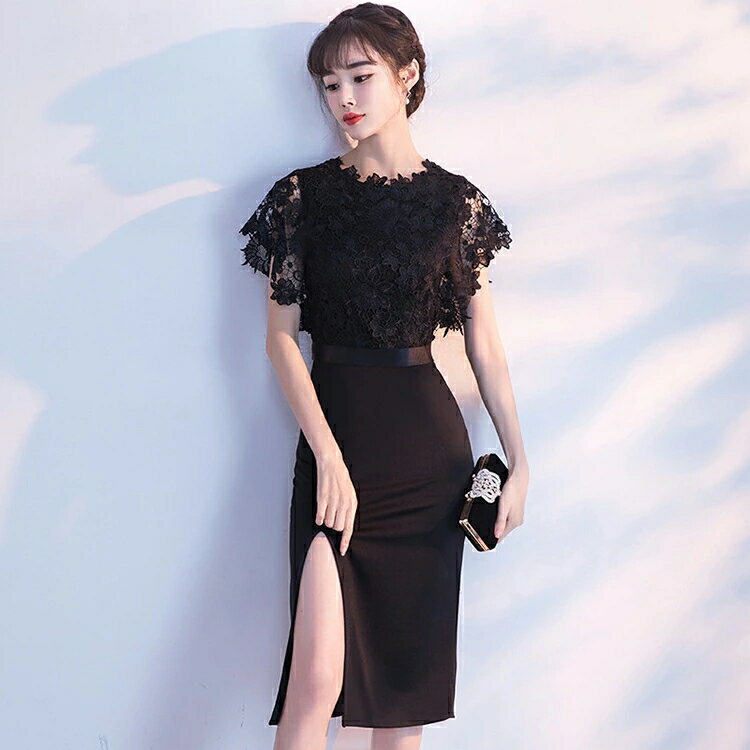 乐天商城 - 送料無料 結婚式ドレス お呼ばれドレス 黒 レース ミモレ丈 二次会ドレス ワイン赤 赤 パーティードレス お呼ばれワンピース ブラック ホワイト タイトドレス スリット セクシー 結婚式ワンピース ミディアム丈ドレス 白