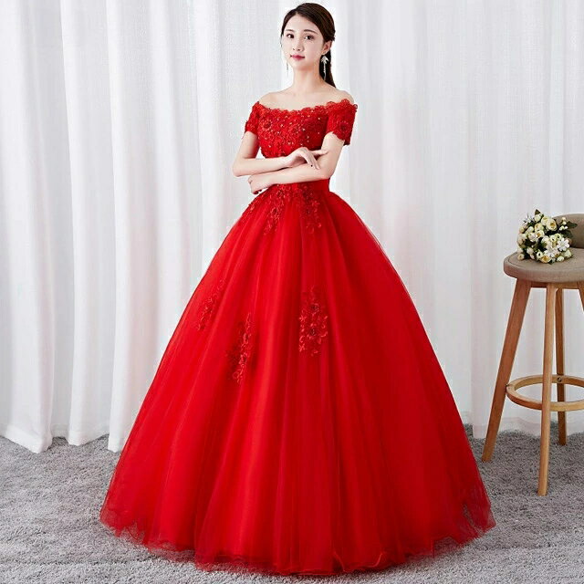 送料無料 結婚式ドレス 二次会ドレス 赤 オフショルダー ゲストドレス ロングドレス ボートネック 刺繡花柄 レース オシャレ Aライン ウェディング ドレス 二次会 結婚式 パーティードレス 演奏会ドレス