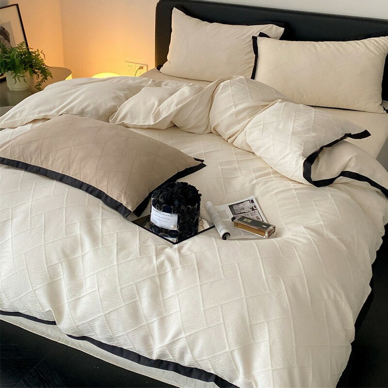 送料無料 全3色 布団カバーセット ホワイト ブラック ベージュ チェック柄 コットン100% 寝具カバーセット 4点セット ダブル クイーン ..