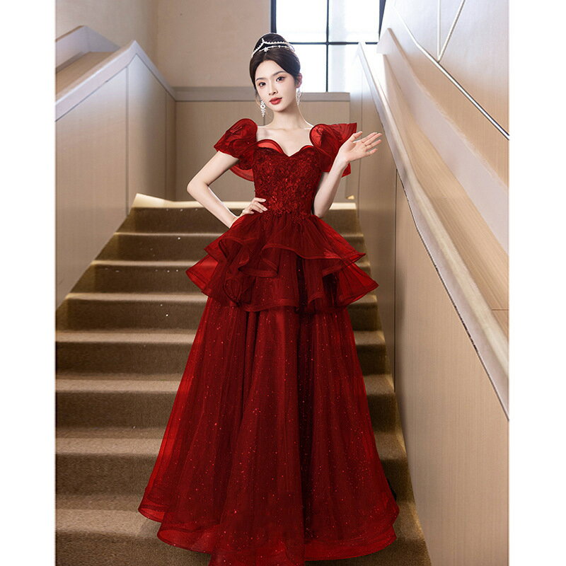 送料無料 結婚式ドレス 二次会ドレス ゲストドレス ワイン赤 ブラック 花柄 フレア フリル 可愛い ロングドレス イブニングドレス 黒 ワインレッド 発表会ドレス 成人式ドレス 同窓会 謝恩会 パーティードレス Aライン XS S M L XL XXL