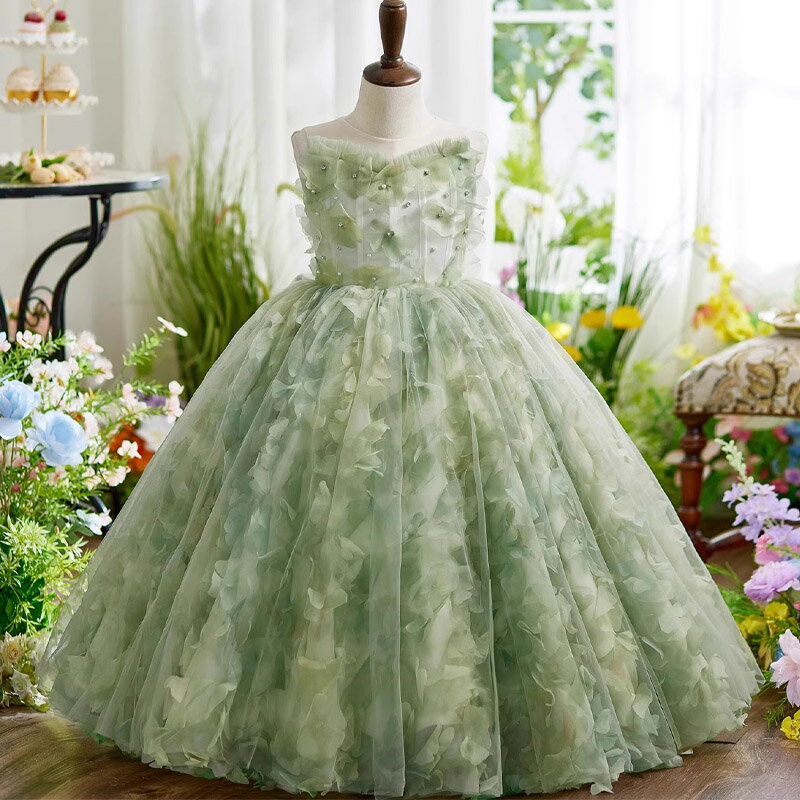 送料無料子供ドレスロングドレスグリ...