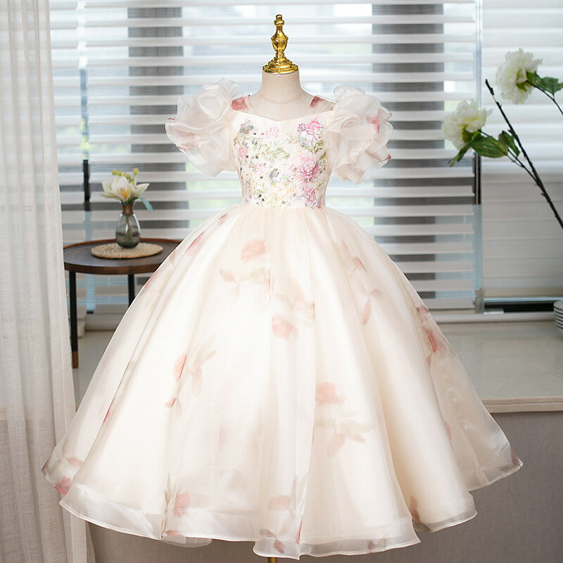 送料無料 子供ドレス ロングドレス 刺繡花柄 可愛い オシャレ ピアノ発表ドレス 女児ドレス 演奏会ドレス 白 プリント花柄 スパンコール 女の子ドレス 子どもドレス キッズドレス 100~160cm