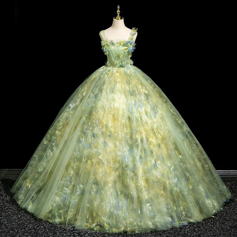 Rakuten - 送料無料 イブニングドレス キャミドレス 花柄 グリーン 演奏会ドレス 演出服 チュール ドレス 姫系 お姫様 発表会ドレス ロングドレス コンサート コンクール コンテスト パーティードレス Aライン S M L XL