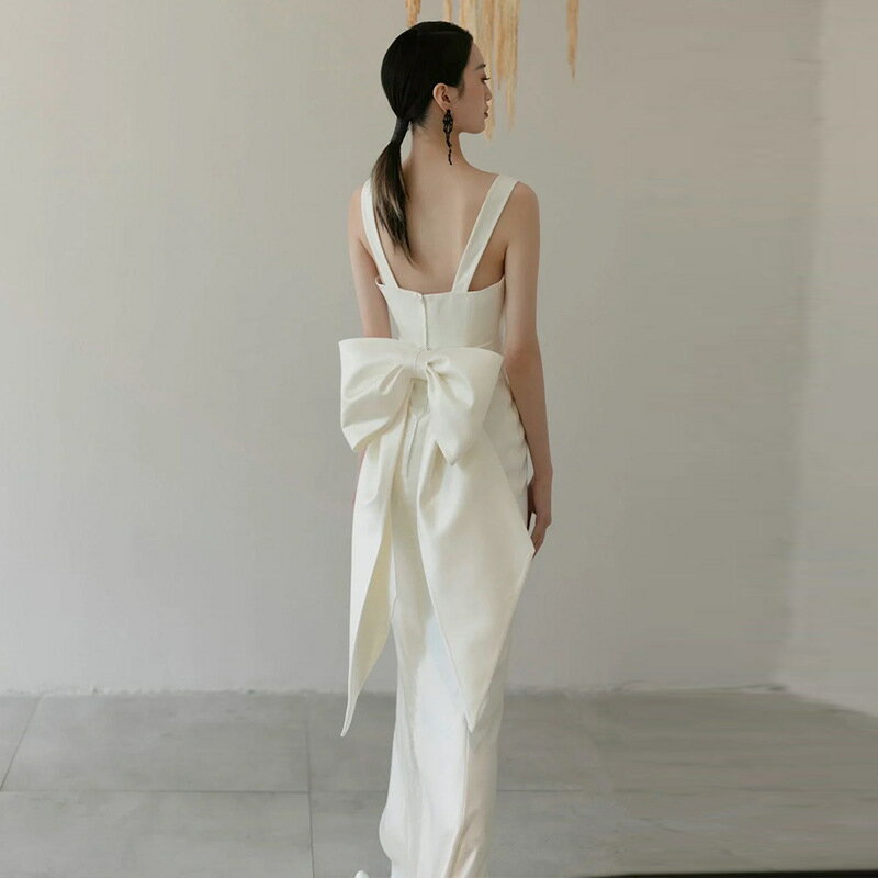 送料無料 ウェディングドレス 二次会ドレス マーメイドドレス キャミドレス バックリボン オシャレ 可愛い トレーンドレス 白 サテン 結婚式ドレス 二次会 ウェディング ドレス ロングドレス ホワイト マーメイドライン 前撮り 海外挙式 XS S M L XL XXL