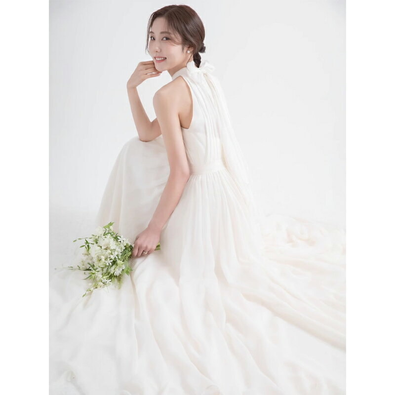 Rakuten - 送料無料 ウェディングドレス 二次会ドレス ホルターネック 白 シフォン 韓国風 可愛い 結婚式ドレス 二次会 ロングドレス ノースリーブ ウェディング ドレス ホワイト Aライン 前撮り 海外挙式 XS S M L XL XXL XXXL