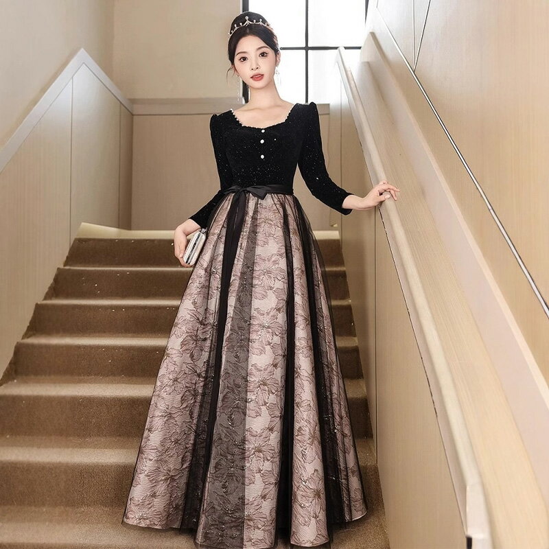 Rakuten - 送料無料 イブニングドレス ロングドレス ブラック ベロア ベルベット プリント花柄 オシャレ 発表会ドレス 黒 長袖 サテン チュール 成人式ドレス 同窓会 謝恩会 パーティードレス Aライン XS S M L XL XXL XXXL