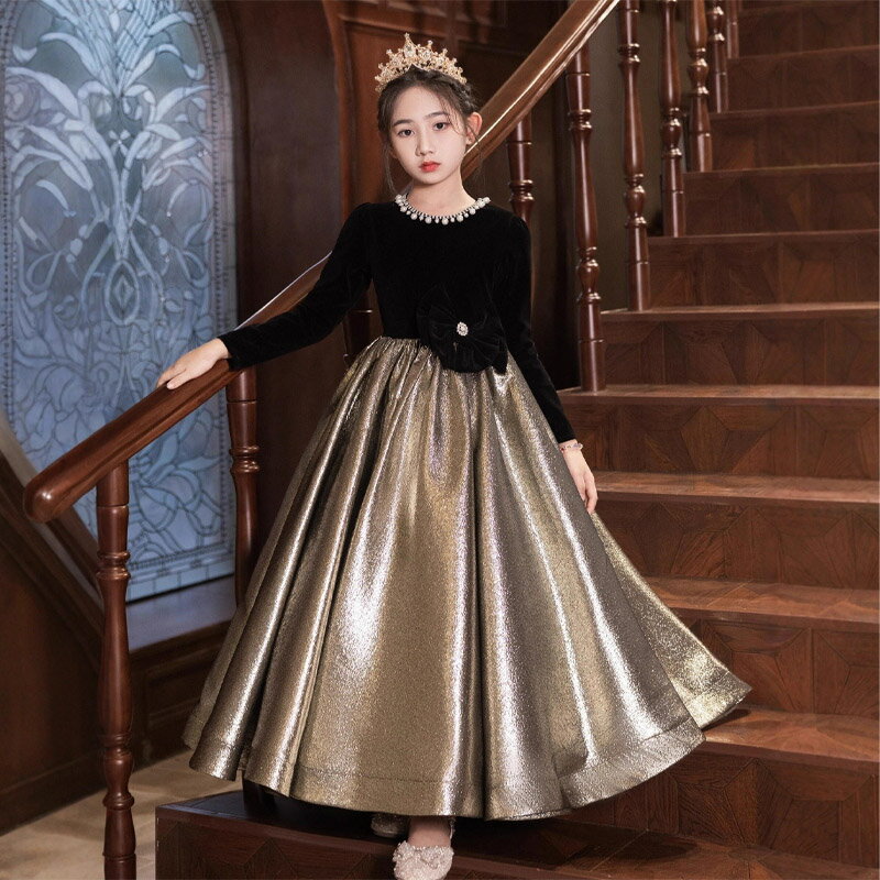 送料無料 ピアノ発表会ドレス 子供ドレス ロングドレス ブラック ベロア ベルベット サテン 長袖 女児ドレス 演奏会ドレス 黒 リボン パール 可愛い ラインストーン 子どもドレス キッズドレス 演出服 110~160cm