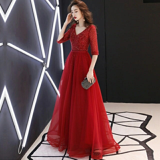 送料無料 結婚式ドレス 二次会ドレス ワイン赤 ロングドレス イブニングドレス ワインレッド Vネック 発表会ドレス ロング丈 5分袖 Aライン ドレス スパンコール パーティードレス XS S M L XL XXL XXXL