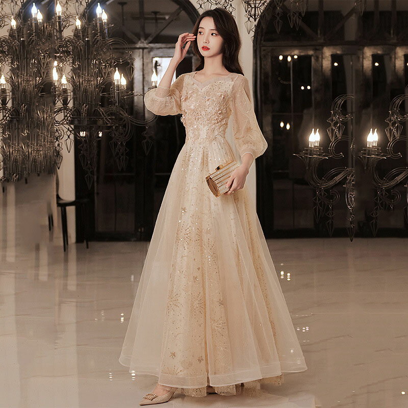 Other - 送料無料 イブニングドレス シャンパン色 キラキラドレス スパンコール 花柄 オシャレ 可愛い ロングドレス 結婚式ドレス 二次会ドレス パフスリーブ 7分袖 お呼ばれドレス パーティードレス ロング Aライン 発表会ドレス キレイめ XS S M L XL XXL