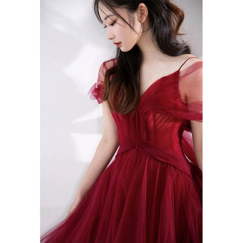 送料無料 結婚式ドレス 二次会ドレス ワイン赤 チュール ドレス ロングドレス ゲス...