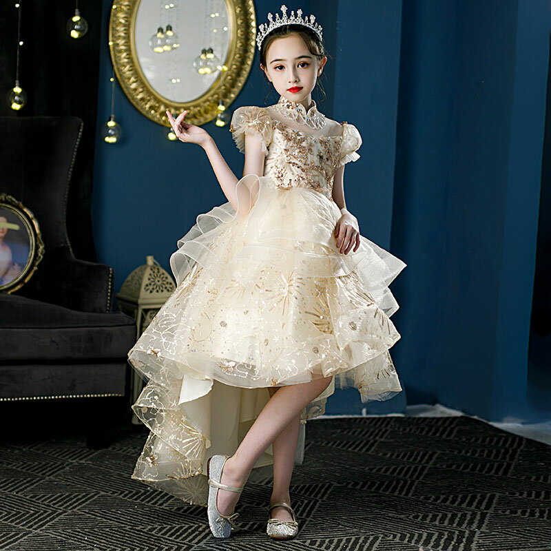 送料無料 子供ドレス シャンパン色 ピアノ発表会ドレス ショート丈 ロング丈 前短後長オシャレ 可愛い 演奏会ドレス 女児ドレス 立ち襟 ビーズ フリンジ スパンコール キラキラ 素敵 キレイめ 子どもドレス フレア フリル キッズドレス100~160cm