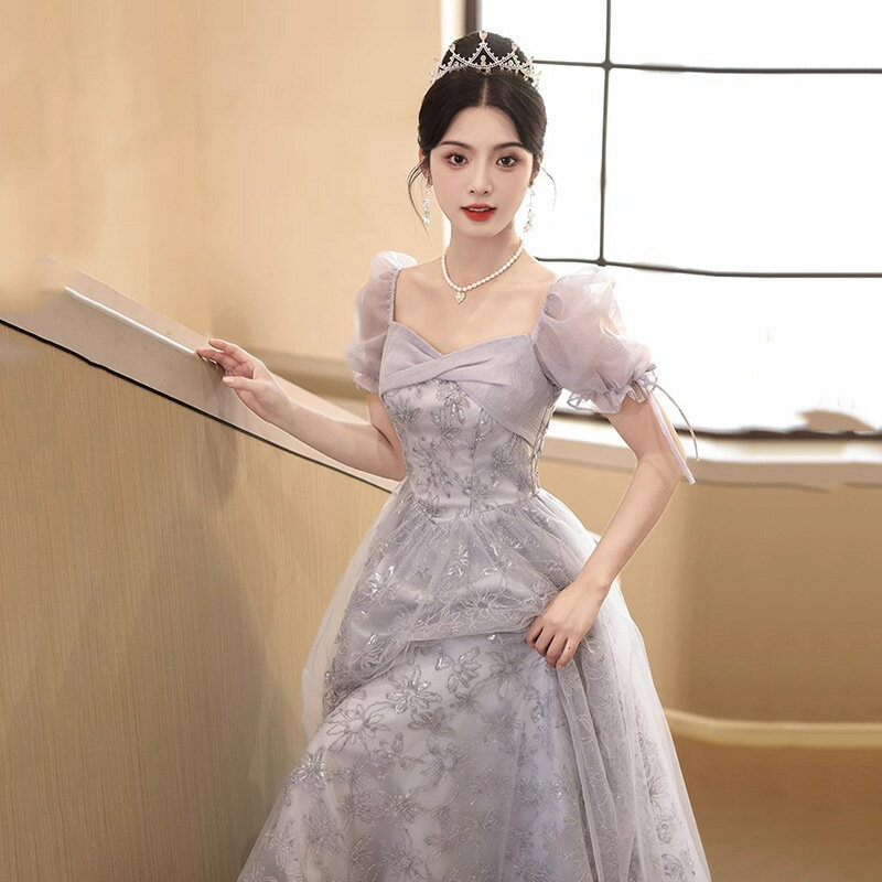 送料無料 結婚式ドレス 二次会ドレス シルバーグレー 花柄 パフスリーブ 可愛い 成人式ドレス 同窓会 謝恩会 キラキラドレス スパンコール イブニングドレス ロングドレス Aライン パーティードレス XS S M L XL XXL XXXL