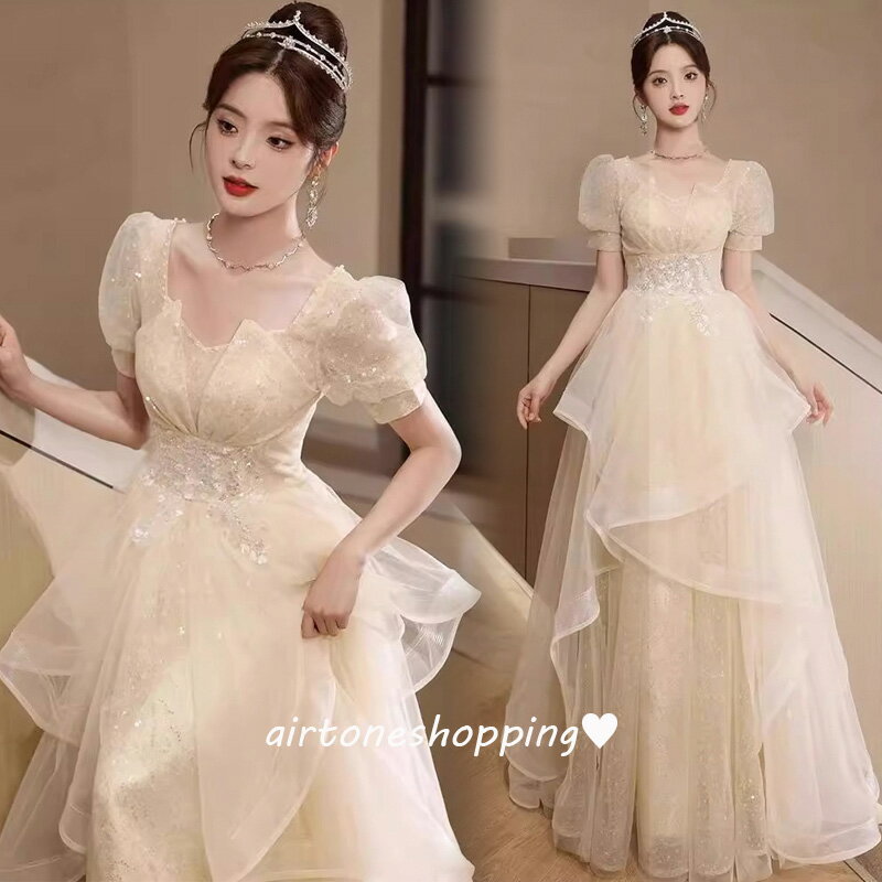 送料無料 結婚式ドレス 二次会ドレス シャンパン色 パフスリーブ フレア フリル 可愛い ロングドレス イブニングドレス シャンパン 発表会ドレス ロング パーティードレス Aライン 20代30代 オシャレ S M L XL XXL XXXL XXXXL