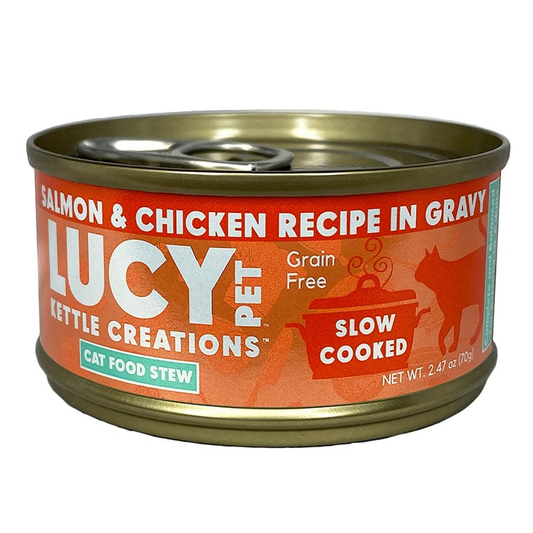 キャットフード シチュー サーモン＆チキン 70g LUCY PET FOODS ウェットフード 消化器の健康 猫 ネコ 餌 おすすめ グレインフリー 穀物不使用 ルーシーペットフード 簡単に開けられるプルタブ缶 サーモン チキン 鶏肉 かぼちゃ マグロ 玄米