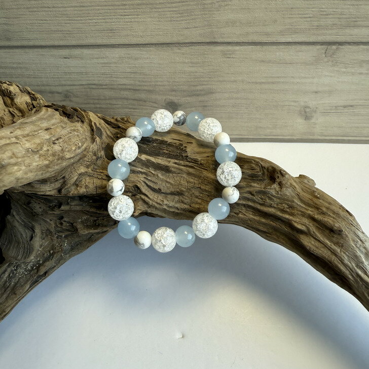 ブレスレット 天然石 パワーストーン ブレス レディース メンズ 数珠 女性 男性 金運 健康運 勝負運 恋愛運 仕事運 開運 無病息災 家庭円満 厄除け ペア ビーズ シンプル プレゼント アクセサリー フリーサイズ クラック水晶 アゲート ハウライト 水色 白 クリア【008】