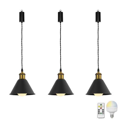 3個入 ペンダントライト 引掛けフック式 調光調色可能 充電式 リモコン付き タイマー機能付き 口金E26 5W充電電球付き コード100cm 収納コップ付き 直径18cm*高さ10cmシェード black ゴールドソケット
