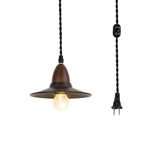 ペンダントライト 吊り下げランプ コードながさ450cm 調光スイッチ付き 調光対応 E26対応 コンセント式 玄関照明 インテリアライト 吊り下げライト ライトソケット ウォールナット色 電球別売り シェード直径17cm*高さ3cm