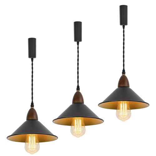 3個セット ペンダントライト 吊り下げランプ コードながさ100cm 収納コップ付き 100cm範囲内に調節可 調光対応 E26対応 ダクトレール式 玄関照明 インテリアライト 吊り下げライト ライトソケット ウォールナット色 電球別売り シェード直径22cm 外黒裏金